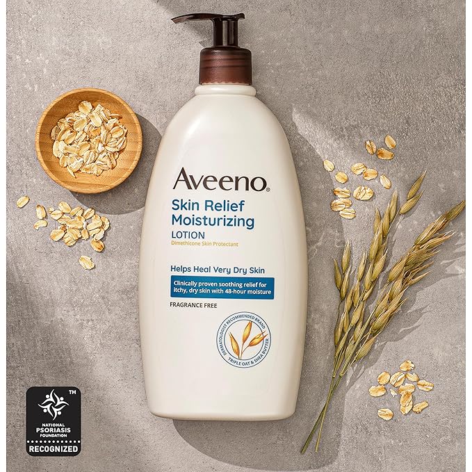 Aveeno Skin Relief Moisturizing Lotion Heals Very Dry, Sensitive Skin, Fast-Absorbing Body Lotion with Soothing Triple Oat & Shea Butter Formula, Fragrance Free, Non-Comedogenic, 18 fl. oz
