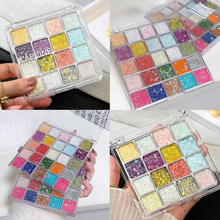 K'APEINE Eyeshadow Palette, 16 Colors Glitter Eyeshadow Chunky Pressed Sparkle Eye Shadow Powder Makeup Pallet Ultra Shimmer Makeup Kit Highly Pigmented Long Lasting Waterproof for Face Body