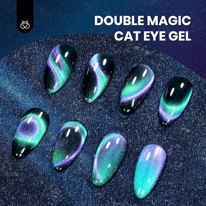 Beetles Cat Eye Gel Nail Polish - 15ML 9D Chameleon Cat Eye Green Purple Double Magic Colors Gel Polish with Magnet Soak Off UV Velvet Gel Galaxy Drift Collection Nail Art Design Gift for Women