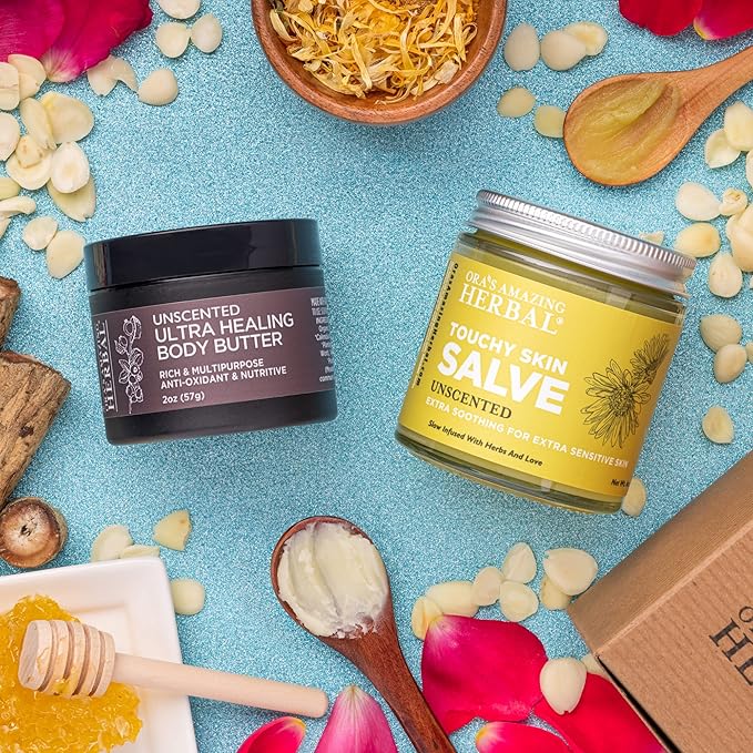Salve & Butter Set for Dry Skin , Eczema Cream Treatment, Touchy Skin Salve, Ultra Healing Body Butter, Organic Calendula for Skin, Herbal Salves, Unscented Skincare, Ora's Amazing Herbal