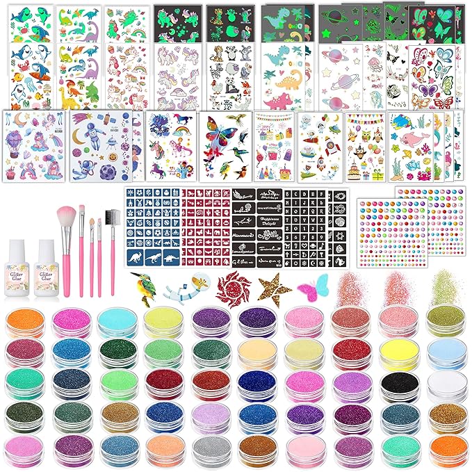 TEUVO Kids Glitter Tattoo Kit with 50 Colors, 177 Stencils, 25 Mixed Pattern Stickers(Colored/Luminous), 2 Gem Stickers, Body Face Glitter Makeup Temporary Tattoos for Halloween Christmas Birthday