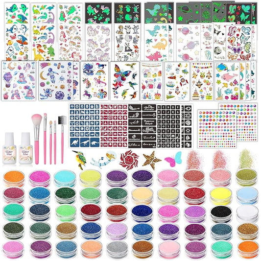 TEUVO Kids Glitter Tattoo Kit with 50 Colors, 177 Stencils, 25 Mixed Pattern Stickers(Colored/Luminous), 2 Gem Stickers, Body Face Glitter Makeup Temporary Tattoos for Halloween Christmas Birthday
