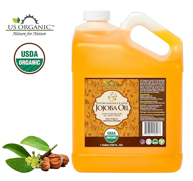 US Organic Jojoba Oil, USDA Certified Organic,100% Pure & Natural, Cold Pressed Virgin, Unrefined, Haxane Free, Sourced from Middle East, Size for DIY and Small Manufacturers (128 oz (1 Gallon))