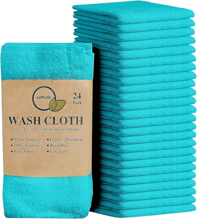 Softolle 100% Cotton Washcloths 24 Pack (12x12 Inches) Soft, Highly Absorbent Washcloth, Face Towels, Wash Cloths for Face, Ring Spun, Bulk Pack (Turquoise)