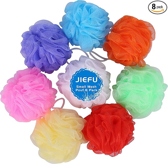 Bath Sponges, Small Size Colorful Shower Sponges Exfoliating Mesh Pouf Bath Ball Body Scrubber for Kids Pack of 8