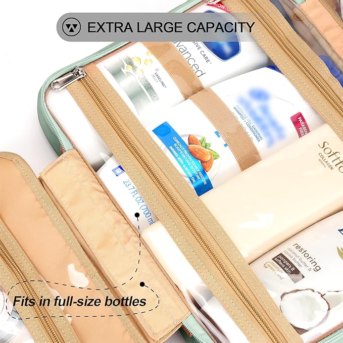 Travel Hanging Toiletry Bag for Women, Cruise Ship Essentials, with Jewelry Organizer, Extra Large Makeup Dopp Kit, Waterproof Cosmetic Bags, Toiletries Kit Set with Trolley Belt, Green