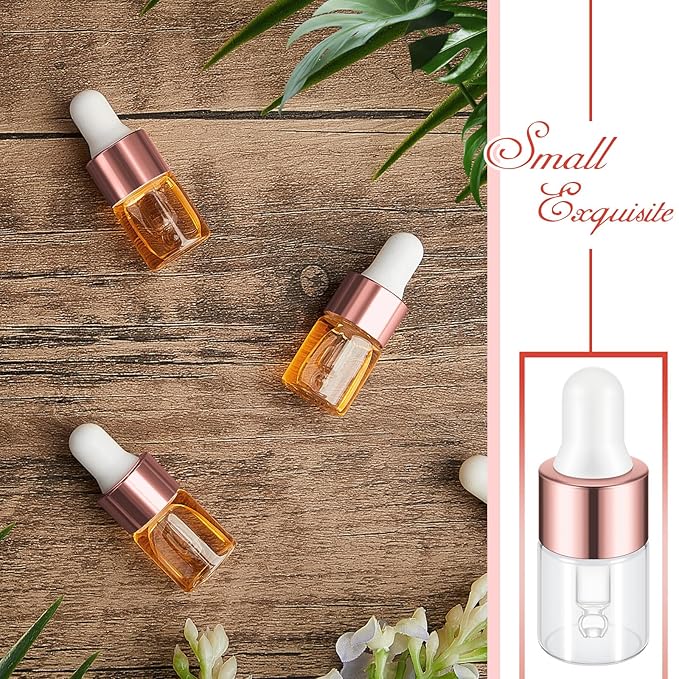 100 Pcs Mini Glass Oil Dropper Bottle Bulk, Clear Essential Small Empty Bottles Sample Containers Perfume Liquid Vials with Cap for Traveling (2 ml,Rose Gold)