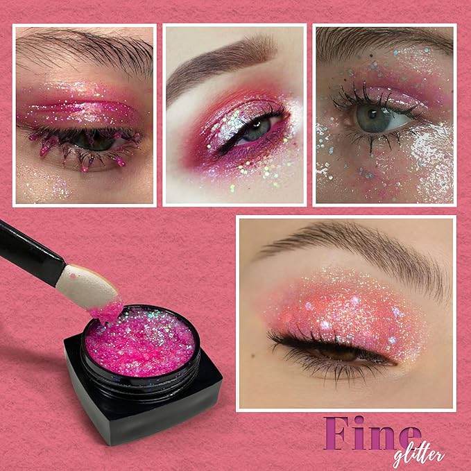 LALACE Face Glitter, Pink Body Glitter Gel - Long-Lasting Holographic Glitter for Hair, Face, Body, Shimmer Eyeshadow, 8PCS DIY Heart Love Temporary Tattoos, Valentine's Day Gifts for Girlfriend