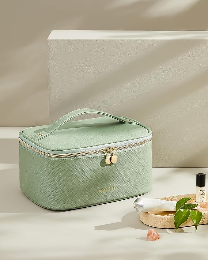 Prite Makeup Bag Portable Cosmetic Organizer with Brush Holder Waterproof Travel Toiletry Bag for Women with Handle and Divider (Green)