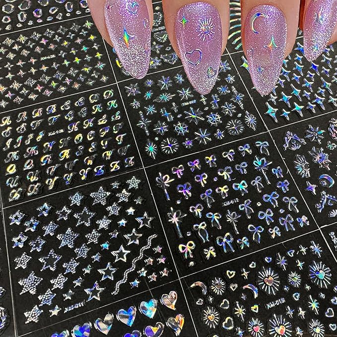 30 Sheets Star Nail Art Stickers Aurora Star Line 3D Self Adhesive Nail Stickers for Nail Art Moon Stars Nail Decals Heart Nail Supplies for Women and Girls Manicure DIY Decoration