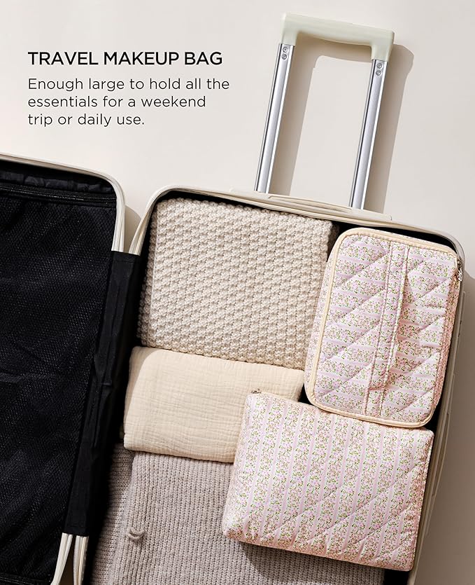 HBselect 2Pcs Travel Makeup Bag, Large Cotton Quilted Makeup Bag Cosmetic Bag Cute Make up Bag Toiletry Bags for Women Girls