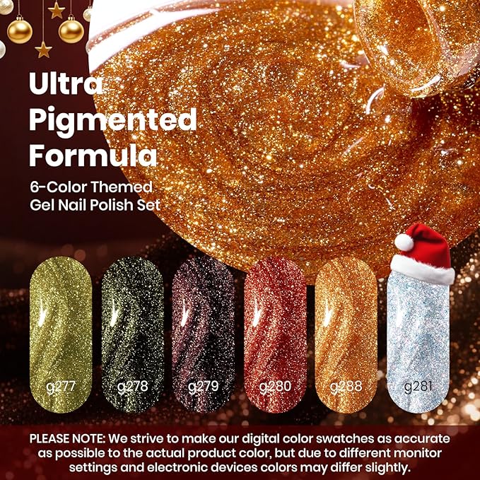 Beetles Glitter Gel Nail Polish Set – Vintage Luminary 6 Sparkling Colors Reflective Long-Lasting UV LED Soak Off Gel Holiday Party Nail Art Kit Gift for Women