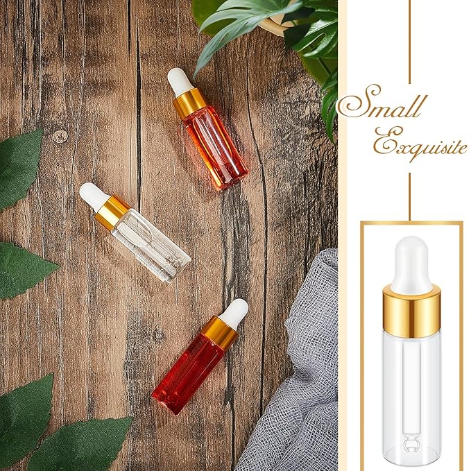 200 Pcs Mini Glass Oil Dropper Bottle Bulk, Clear Essential Small Empty Bottles Sample Containers Perfume Liquid Vials with Cap for Traveling (5 ml,Gold)