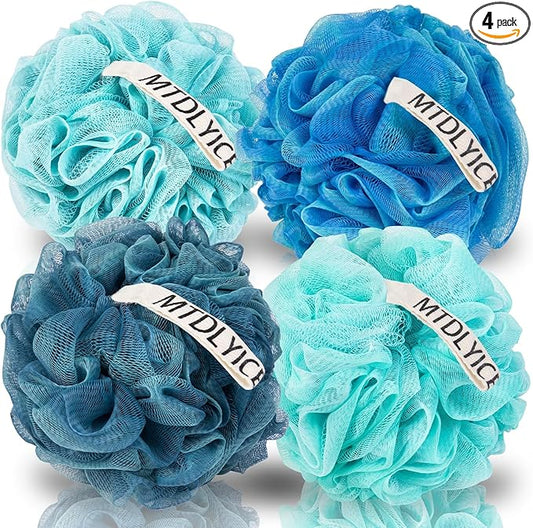 Loofah Sponge, XXL Large Loofah 100g 4 Pack, Bath Sponge Soft Mesh Shower Loofah for Men, Body Scrub, Shower Pouf Bath Accessories, for Body Wash, Soap (Blue)