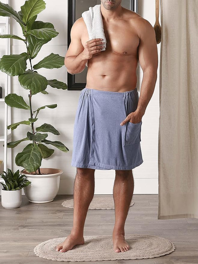 DII Men's Terry Shower Wrap Collection Adjustable with Velcro and Pocket, 54x20, Stonewash Blue