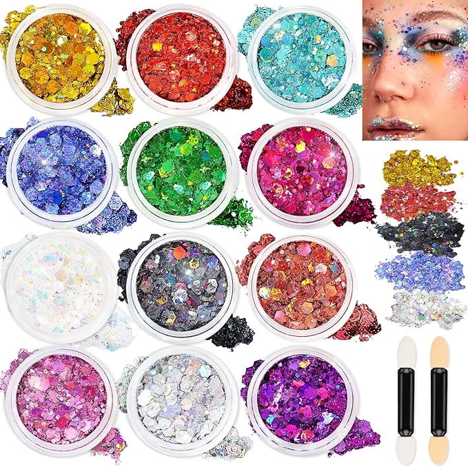 12 Colors Body Glitter Gel and Face Glitter Gel Makeup for Eyeshadow and Nails, Hair and Raves Festivals, Makeup for Women and Kids