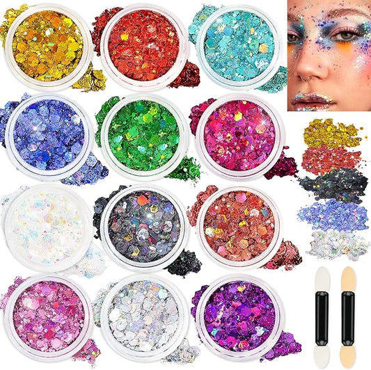 12 Colors Body Glitter Gel and Face Glitter Gel Makeup for Eyeshadow and Nails, Hair and Raves Festivals, Makeup for Women and Kids
