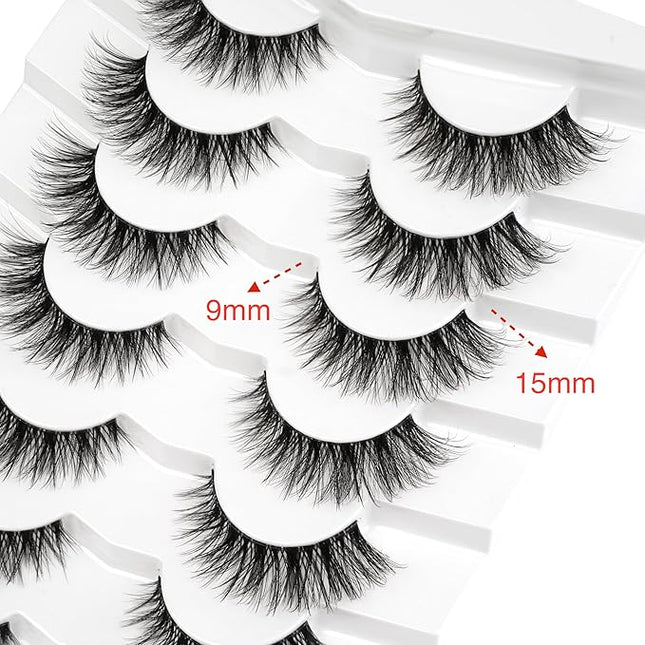 Happy Heartbeat 3D Clear Band Lashes 15mm Natural Soft Faux Mink Lashes C Curl Cat Eye Wispy Fake Eyelashes Reusable False EyeLashes 7 Pairs (No.212)