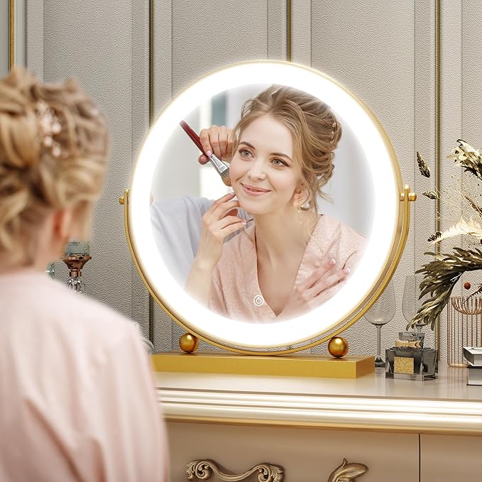 13 Inch Vanity Mirror with Lights, Round Make Up Mirror with Lighting, LED Mirror Makeup Mirror with Lights for Bedroom Tabletop, Smart Touch Control, 360° Rotation (Gold)