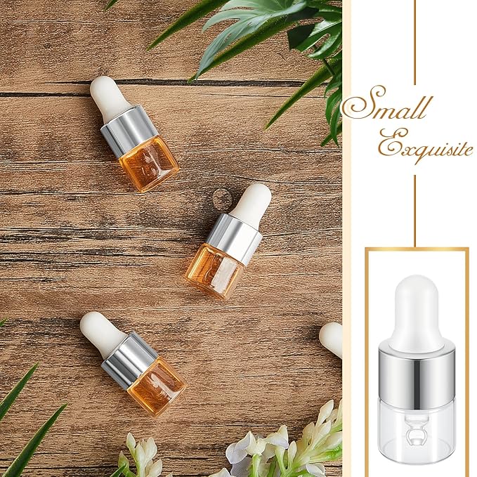 100 Pcs Mini Glass Oil Dropper Bottle Bulk, Clear Essential Small Empty Bottles Sample Containers Perfume Liquid Vials with Cap for Traveling (1 ml,Silver)