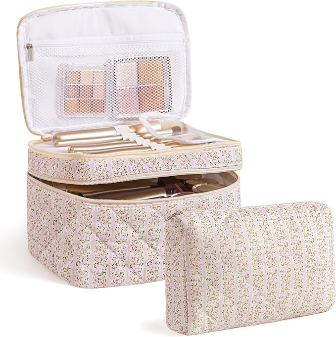 HBselect 2Pcs Travel Makeup Bag, Large Cotton Quilted Makeup Bag Cosmetic Bag Cute Make up Bag Toiletry Bags for Women Girls