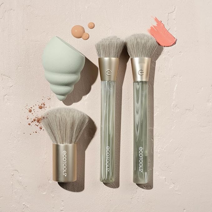 EcoTools Sea Gems Face Makeup Brush & Sponge 4 Piece Set, Eco-Friendly Makeup Brushes & Makeup Sponge, For Foundation, Blush, Contour, & Setting Powder, Recycled Plastic, Cruelty-Free Tools