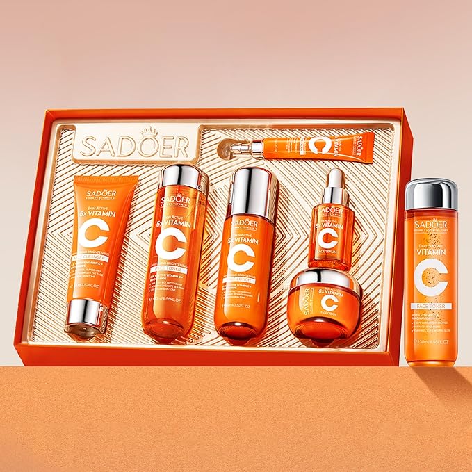 Vitamin C Skincare Set ,Skin Hydration,1Gift Box,1Toner,Face Care Kit Includes Toner,Serum,Cleanser,Moisturizer,Eye Cream & Body Lotion,Unique Gift for Women