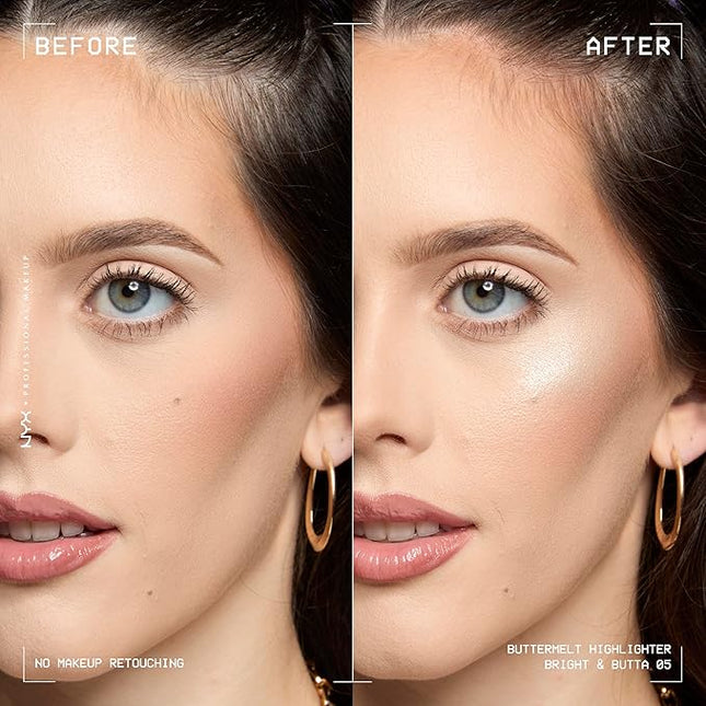 NYX PROFESSIONAL MAKEUP Buttermelt Highlighter, Powder Highlighter Makeup, With Up to 12H Wear and High Impact Glow - 05 Bright and Butta (Light Champagne)