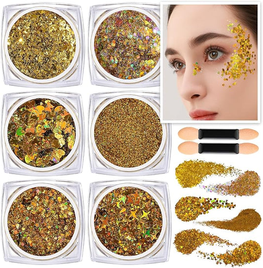 Teenitor Face Glitter Body Glitter, Gold Body Glitter Gel, Hair Glitter Gel, 6 Shapes Rave Glitter, Festival Makeup Glitters Gel, Chunky Sparkling Glitter Gel for Face, Body, Hair