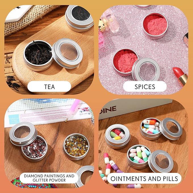 100 Pcs 0.5 Ounce Aluminum Tin Jar 15 ml Refillable Containers Clear Top Screw Lid Round Tin Container Bottle for Cosmetic, Cream, Diamond Painting, Salves, Balms, Lip Balm, Spices or Others, Silver