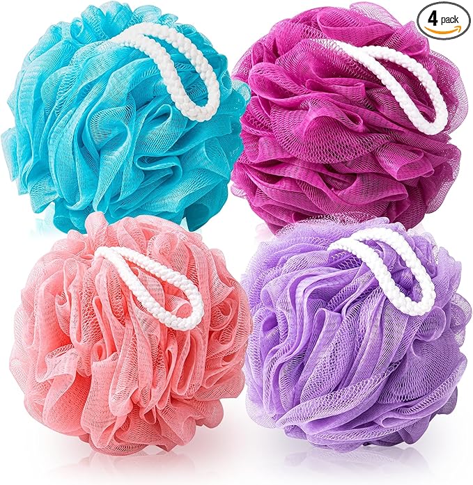 Loofah for Women 75g 4 Pack, Bath Sponge Soft Mesh Shower Puff Loofah Sponge, Exfoliating Body Scrubber, lufas for Women, Shower Accessories (Purple Red Pink Blue)