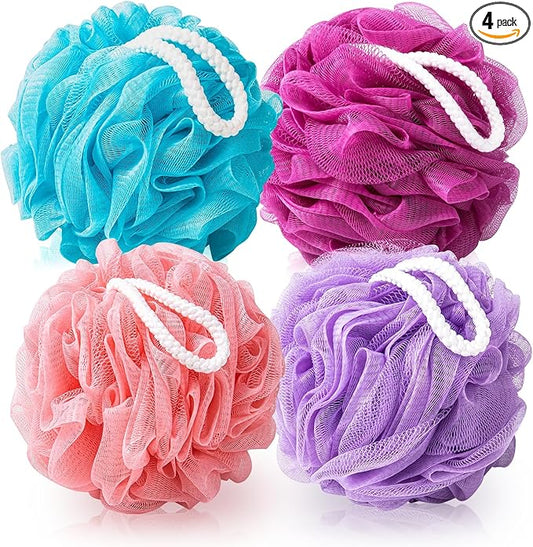Loofah for Women 75g 4 Pack, Bath Sponge Soft Mesh Shower Puff Loofah Sponge, Exfoliating Body Scrubber, lufas for Women, Shower Accessories (Purple Red Pink Blue)
