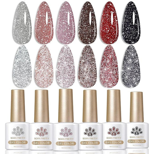 Born Pretty Reflective Red Glitter Gel Polish Christmas Glitter Gel Polish Sparkly Shiny Disco DJ LED Nail Polish Varnish Silver Red Black Colors Collection 6PCS 7ML