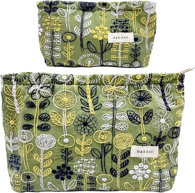 2 Pcs Makeup Bags, Large Cosmetic Bag Travel Toiletry Bag Organizer for Women, Embroidery Craft,Makeup Bag Small Cosmetic Pouch Purse with Zipper Gifts for Girls Teen