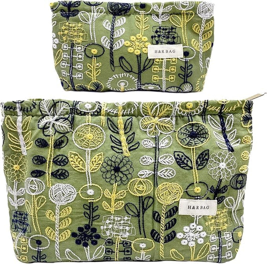 2 Pcs Makeup Bags, Large Cosmetic Bag Travel Toiletry Bag Organizer for Women, Embroidery Craft,Makeup Bag Small Cosmetic Pouch Purse with Zipper Gifts for Girls Teen