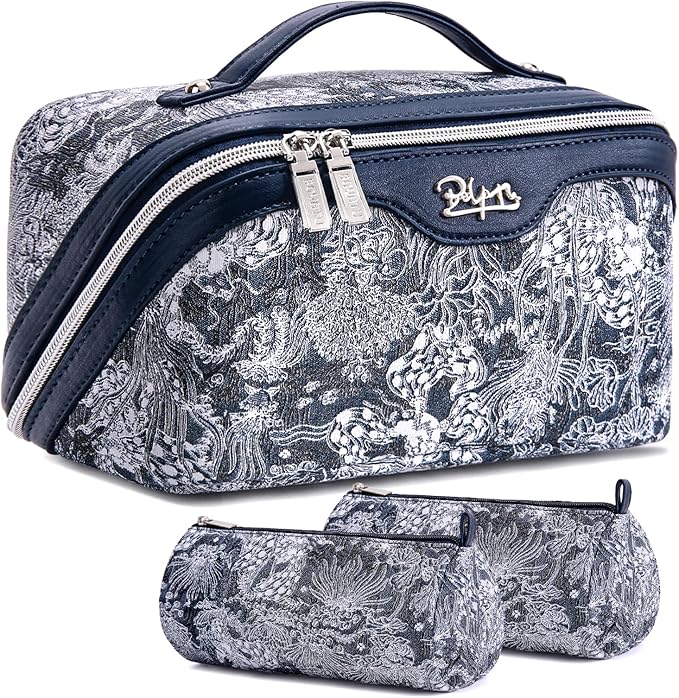 BOYATU Travel Makeup Bag for Women: Large Capacity Make up Bag with Compartments - Vegan Leather Cosmetic Bag set of 3 - Waterproof Toiletry Bag with Handle & Divider(D-03Blue)