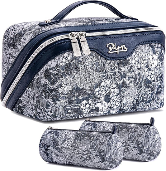 BOYATU Travel Makeup Bag for Women: Large Capacity Make up Bag with Compartments - Vegan Leather Cosmetic Bag set of 3 - Waterproof Toiletry Bag with Handle & Divider(D-03Blue)