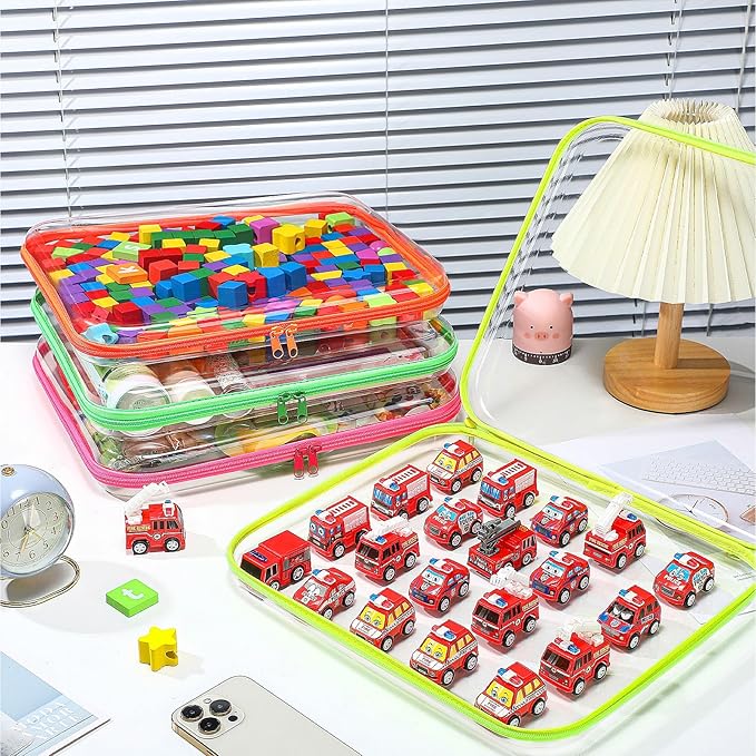 Hoolerry 4 Pcs Hard Clear Zipper Case Makeup Bags Plastic Pencil Pouch Transparent Storage Box Containers for Cosmetics, Snacks, Building Blocks, Puzzles(Fluorescent,13.8 x 11.8 x 2 in)