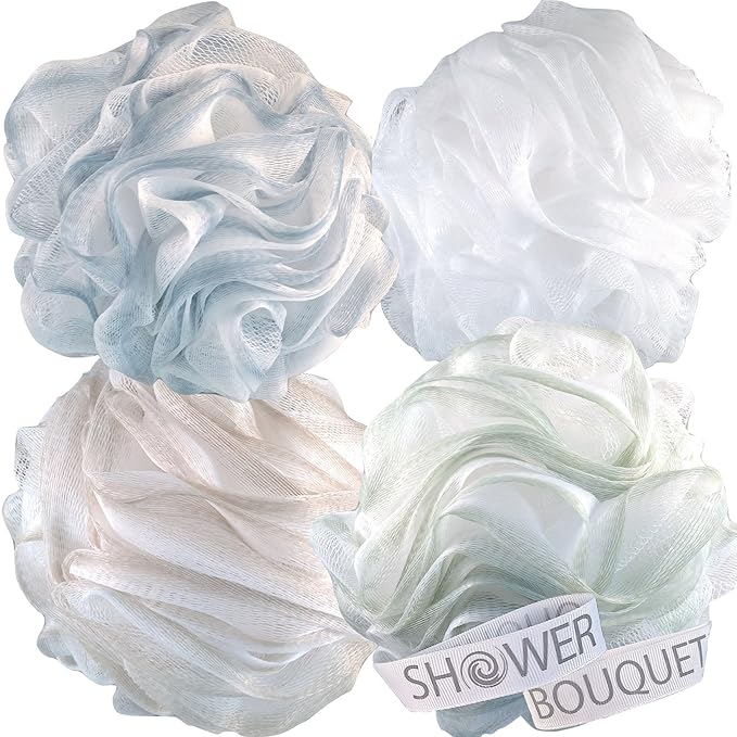 SHOWER BOUQUET Loofah-Bath-Sponge XL Soft-Pastel-Colors 4-Pack // Extra-Large 75g Mesh Luffa Loofa Loufa Puff Pouf Set/Exfoliating Body Scrubber for Women and Men - Exfoliate & Soothe Face & Body