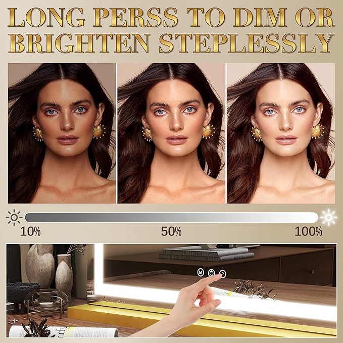 Gold Vanity Mirror with Lights 23x18 Inch, 3-Color Dimmable LED & Touch Control - Large Makeup Mirror for Dressing Room (Wall/Tabletop Mount)