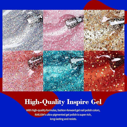 RARJSM Glitter Gel Nail Polish Set of 6 Colors Diamond Silver Sparkly Holographic Champagne Gold Iridescent Red Chunky Pigments Gel Polish Soak off Led UV Curing Required for Nail Salon Manicure