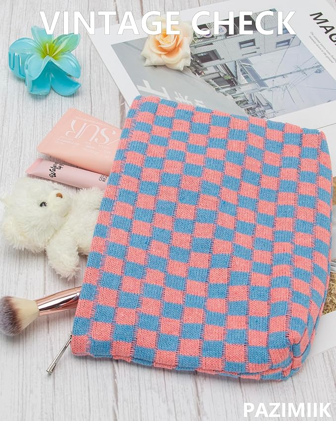 PAZIMIIK Knitted Checkered Makeup Bag Large Zipper Make Up Accessory Pouch for Purse Cosmetic Brush Bag for Travel Red Blue