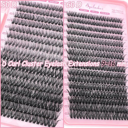 Lash Clusters Kit, 640 Pcs Eyelashes Clusters Extensions Kit 9-16mm Individual Lashes D Curl Fluffy Wispy False Eyelashes Thin Band, with Bond Seal Remover Tweezers Brush DIY (50D+60D Kit 9-16mm)
