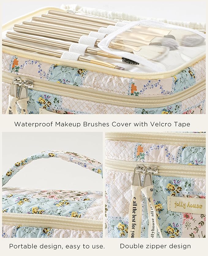 HBselect 2Pcs Travel Makeup Bag, Large Cotton Quilted Makeup Bag Cosmetic Bag Cute Make up Bag Toiletry Bags for Women Girls