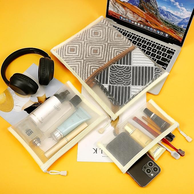 12 Pieces Zipper Nylon Mesh Pouch, Mesh Cosmetic Bags Makeup Bags Pencil Case, Multipurpose Travel Bags for Cosmetic School Office Supplies and Travel Accessories (Beige, Assorted Sizes)