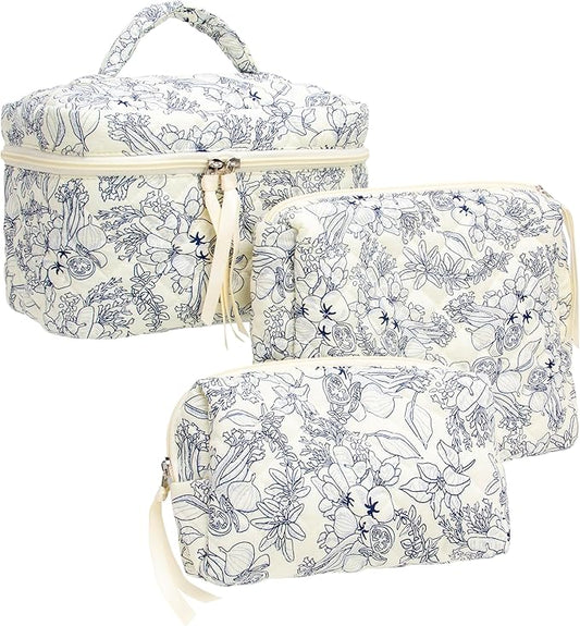 PAZIMIIK 3PCS Makeup Bag SET Large Travel Quilted Zipper Soft Cosmetic Case Pouch for Women Girls Make Up,Flower White