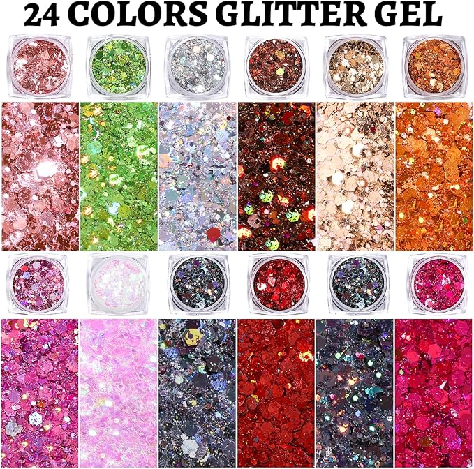 Teenitor 24 Colors Body & Hair Glitter Gel - Face, Body, Hair Glitter for Halloween Makeup Festival
