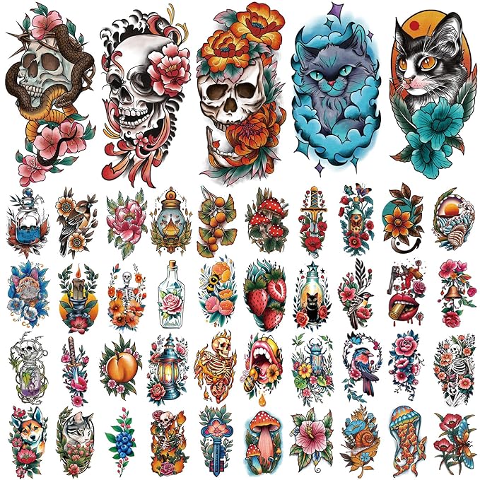 77 Sheets Temporary Tattoos Adult Kids Old School Skull Tiger Sword Cat Eagle Snake Lotus Flower Butterfly Half Arm Realistic Fake Tattoos Sticker for Women Men