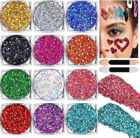 Teenitor 12 Colors Body Glitter, Face Glitter Festival Makeup Glitter Gel, Face and Body Glitter for Makeup, Rave Hair Glitter Gel