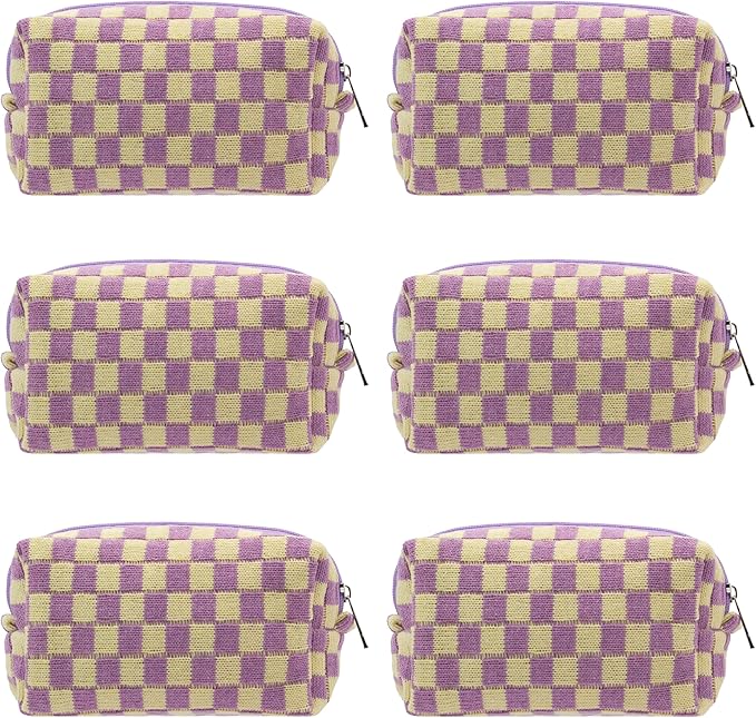 PAZIMIIK Checkered Makeup Bag for Purse Portable Zipper Make Up Pouch Small Cosmetic Case for Travel Accessories (6PCS Purple)